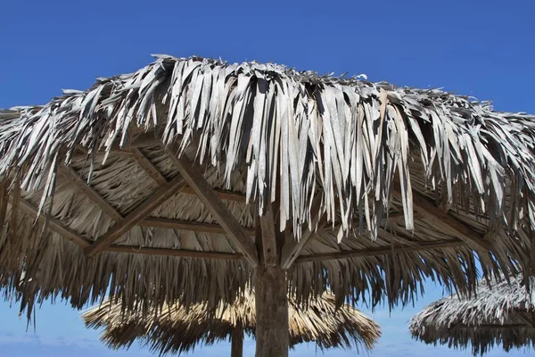 Toit en paille de parasol et ciel bleu — Photo