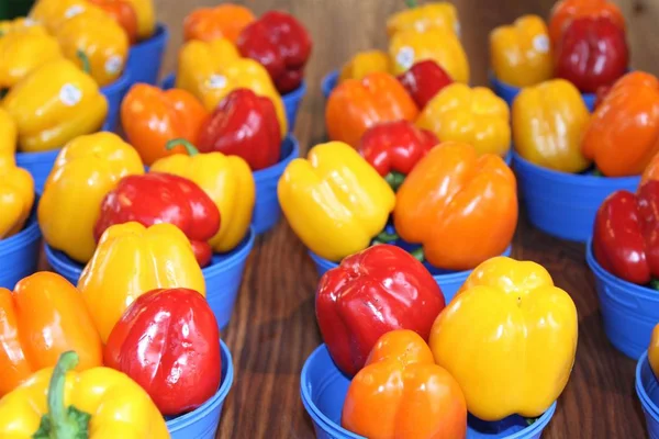 Pimentos amarelos, alaranjados e vermelhos em recipientes azuis redondos — Fotografia de Stock