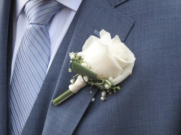 Bir damat yaka üzerinde beyaz gül