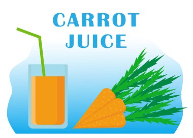 Olgun havuç meyveleri ve bir bardak taze havuç suyu, tarım firmalarının tasarımı ve sebze işlemek için bitkiler ve ambalaj içecekleri.