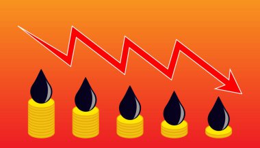 Bozuk paraların üzerindeki ham petrol damlaları - düşen fiyatların, krizin ve borsadaki sorunların bir sembolü, ekonomik kriz sırasında dünya pazarında düşen petrol talebi grafiği