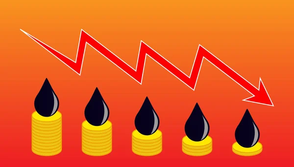 硬币上的原油下跌 价格下跌 危机和交易所问题的象征 经济危机期间世界市场石油需求下降的图表 — 图库矢量图片#