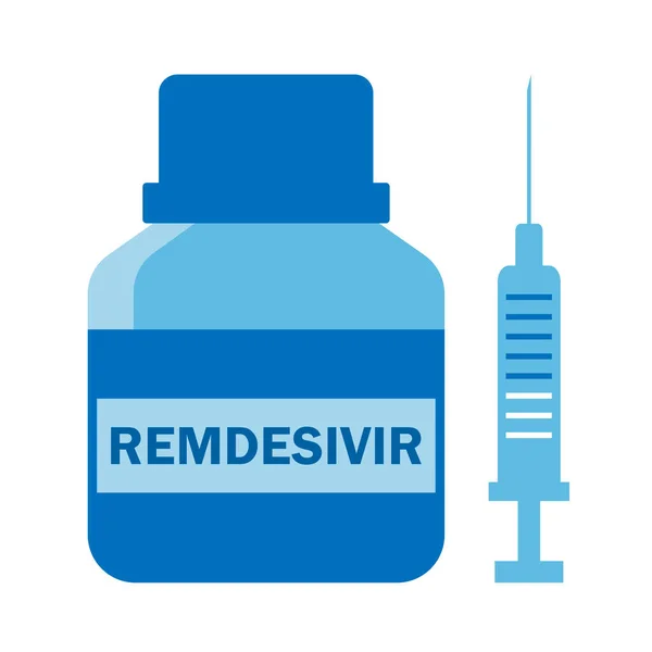 注射用抗病毒药物Remdesivir和注射器的塑料蓝色瓶 软骨鱼19号的治疗和疫苗接种 — 图库矢量图片#