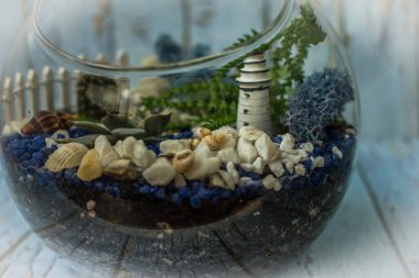 Masada taze buketli üç küçük cam vazo duruyor. Floraryum