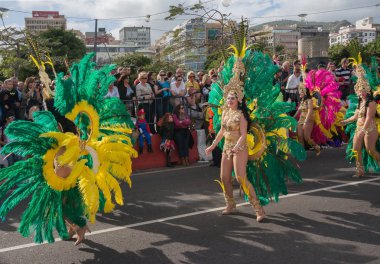 Kadınlar dans kostümleri yeşil ve sarı tüyler ile giyinmiş bir sütunda.