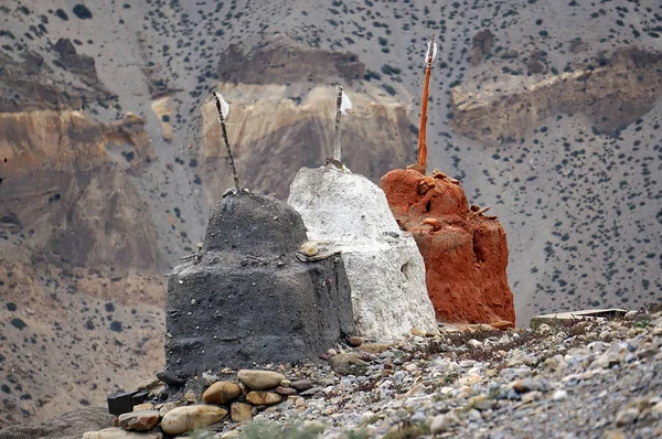 Buddhist Chortens for protection from evil spirits, near Kagbeni. Trekking to the Upper Mustang. Nepal.