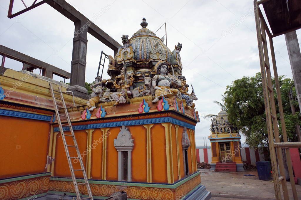 Koneswaram Temple (1950) is a classical-medieval Hindu temple complex in Trincomalee during restoration. Eastern province of Sri Lanka.