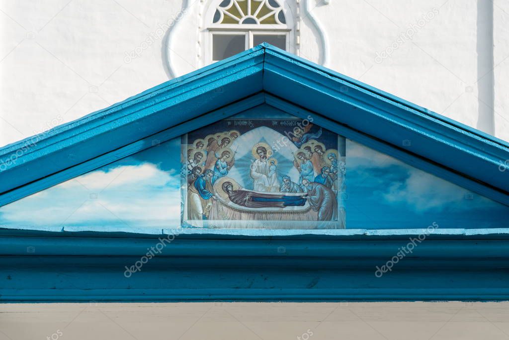 Fresco depicting farewell to the Virgin before burial on the pediment of the porch visor of the Assumption of the Blessed Virgin Mary Cathedral (1793) of the Yeniseisk city. Krasnoyarsk Region. Russia.