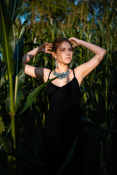 Close-up of young woman in black dress, necklace and earrings between green leaves in a corn field in summer. Jewelry fashion style photo session.