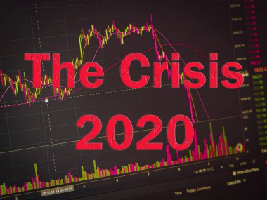 Kriz 2020 metin ve Teknik fiyat grafiği ve göstergesi, siyah ekranda kırmızı ve yeşil şamdan şeması, piyasa dalgalanması, yukarı ve aşağı eğilim.