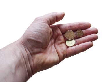 Beyaz arka plan üzerinde izole euro para ile el.