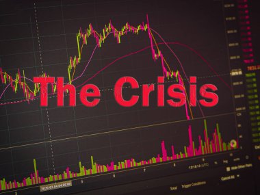 Kriz metni ve teknik fiyat grafiği ve göstergesi, siyah ekranda kırmızı ve yeşil şamdan şeması, piyasa dengesizliği, yükseliş ve düşüş eğilimi. Hisse senedi, para.