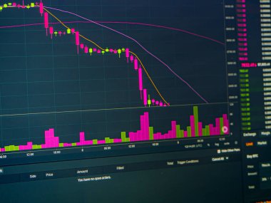 Teknik fiyat grafiği ve göstergesi, siyah ekranda kırmızı ve yeşil şamdan şeması, piyasa dalgalanması, yukarı ve aşağı eğilim. Hisse senedi, para.