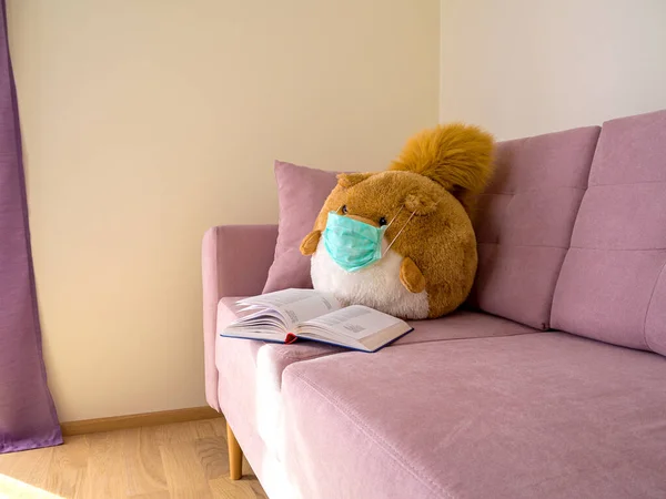 Wiewiórka Wypchany Duży Tłusty Wiewiórka Zabawka Noszę Ochronny Medyczny Maska — Zdjęcie stockowe