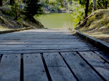 Seçici odaklanma. Arkasında yeşil göl olan boş ahşap iskele. 