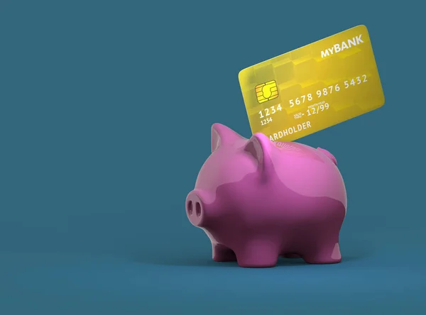 Piggy bank with credit card 3D illustration — Stock Photo, Image