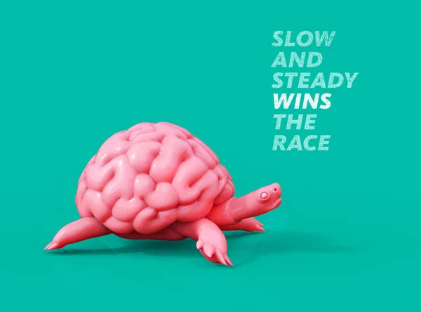 Lento y firme gana la carrera. Tortuga cerebro Ilustración 3D — Foto de Stock
