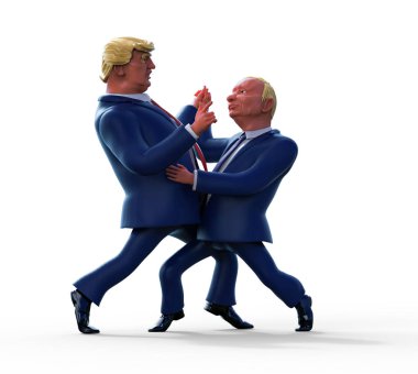 14 Ocak 2017: Karakter portresi Donald Trump ve Vladimir Putin. 3D çizim