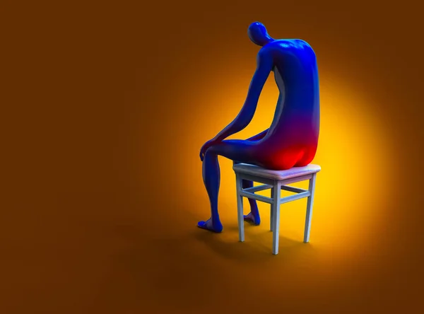 Um falecimento da pilha. Homem dolorosamente sentado em uma cadeira. Ilustração 3D — Fotografia de Stock