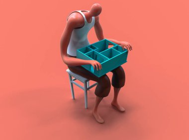 Minyatür yeni dairesinde kucağına holding karikatür adam. 3D çizim