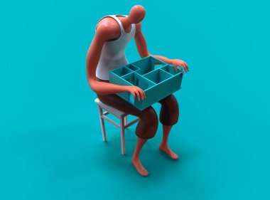 Minyatür yeni dairesinde kucağına holding karikatür adam. 3D çizim