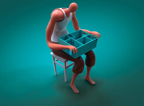 Cartoon man holding miniature of his new apartment on lap. 3D illustration — Stock Photo, Image