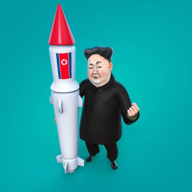 Pyongyang, 11 Nisan 2017: Kuzey Kore tehdit eden nükleer silah kullanmak. Kim Jong Un karakter portresi
