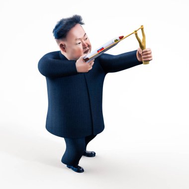 Pyongyang, 11 Nisan 2017: Kuzey Kore tehdit eden nükleer silah kullanmak. Kim Jong Un karakter portresi
