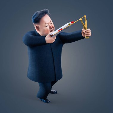 Pyongyang, 11 Nisan 2017: Kuzey Kore tehdit eden nükleer silah kullanmak. Kim Jong Un karakter portresi