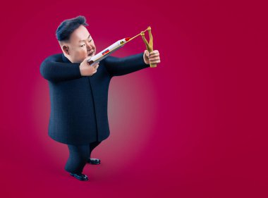 Pyongyang, 11 Nisan 2017: Kuzey Kore tehdit eden nükleer silah kullanmak. Kim Jong Un karakter portresi