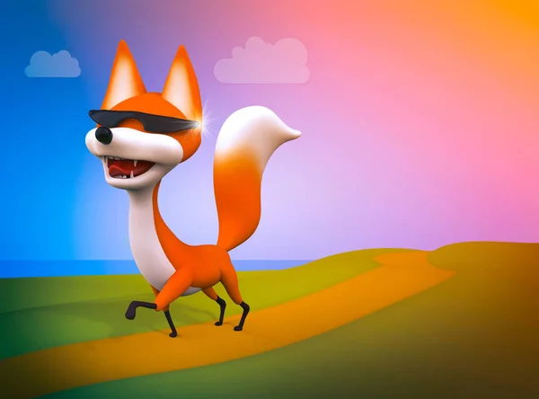 Wandelen fox, cartoon karakter 3d illustratie — Stockfoto