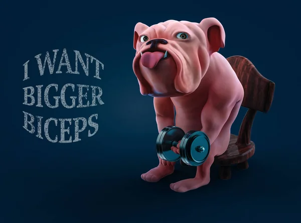 Gespierde cartoon bulldog opheffing halter zittend op een stoel — Stockfoto