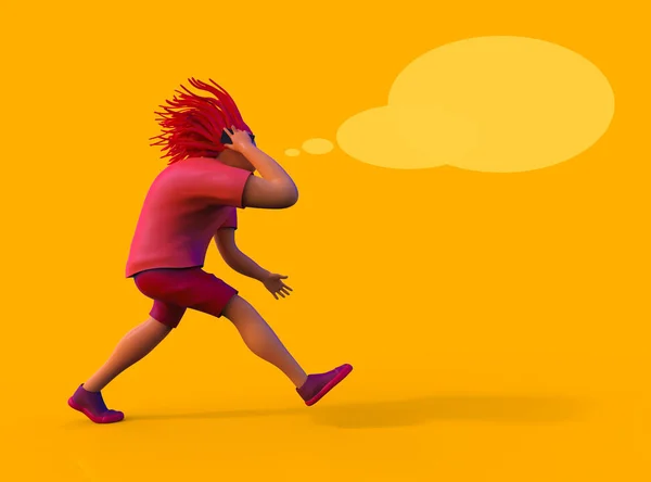 Een man in korte broek en een T-shirt is snel lopend en pratend op zijn mobiele telefoon. 3D cartoon — Stockfoto