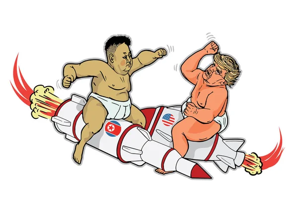 31 października 2017: Kim Jong un i Donald Trump jako walka małych dzieci wektor kreskówki — Wektor stockowy