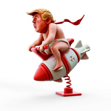 06 Kasım 2017: Donald Trump'ın oyuncak nükleer rokete binen karakter portresi. 3d illüstrasyon beyaz izole