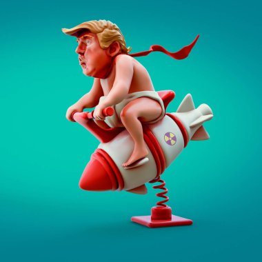 06 Kasım 2017: Donald Trump'ın oyuncak nükleer rokete binen karakter portresi. 3d render