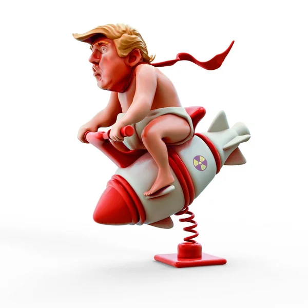 06 de novembro de 2017: Retrato de personagem de Donald Trump montando foguete nuclear de brinquedo. Ilustração 3D isolada em branco — Fotografia de Stock