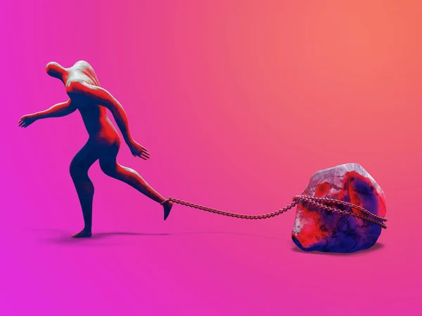 Desperate man walking with heavy rock chained to his foot. 3d rendering. — Stock Photo, Image