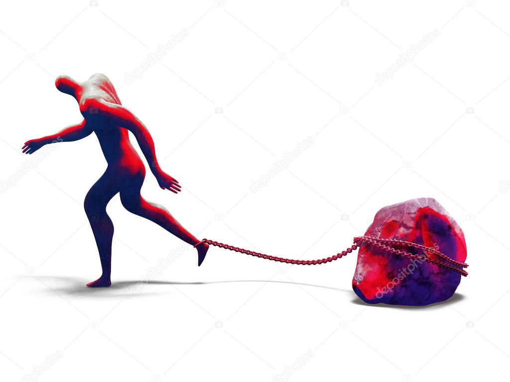 Desperate man walking with heavy rock chained to his foot. 3d rendering.