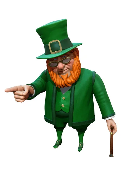 Lustiger Kobold in grünem Anzug und Hut, der mit dem Finger zeigt. 3D-Darstellung — Stockfoto