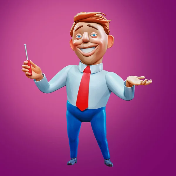 Happy office manager holding screwdriver solved problem cartoon character 3d illustration — Stock Photo, Image