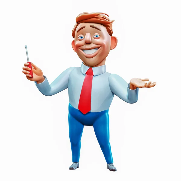 Happy office manager holding screwdriver solved problem cartoon character 3d illustration — Stock Photo, Image