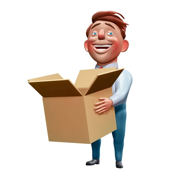 Glücklich Büroleiter hält Karton Cartoon-Figur 3D-Illustration — Stockfoto