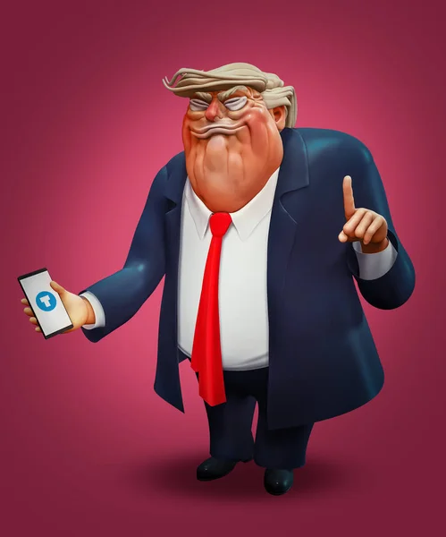 27 febbraio 2018: Ritratto del personaggio di Donald Trump con smartphone. Illustrazione 3D — Foto Stock