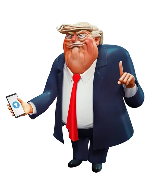 27. února 2018: Charakter portrét Donald Trump se smartphonem. 3D obrázek — Stock fotografie