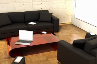 oturma odasında birden çok ekran 3D render