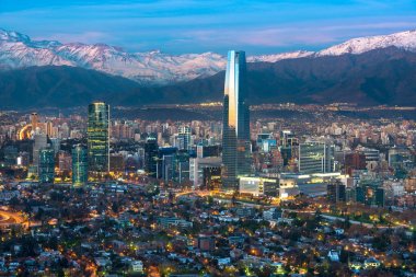 Panoramic view of Providencia and Las Condes districts with Costanera Center skyscraper, Titanium Tower and Los Andes Mountain Range, Santiago de Chile clipart