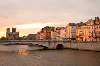 Ile Saint Louis 'de daireler, Notre Dame Katedrali Ile de la Cite' de ve Pont de la Tournelle Seine nehri üzerinde, Paris, Fransa