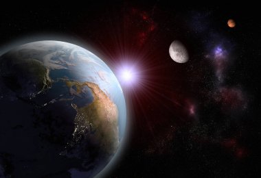 Dünya, ay ve Mars hizalamasını 3D render