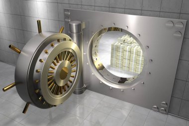 3D render of a bank vault with stack of 100 dollar bills inside clipart